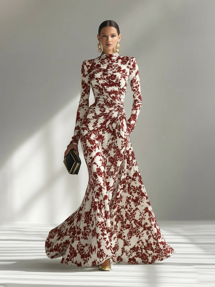 Floral Print High Neck Long Sleeve Mermaid Formal Maxi Dress