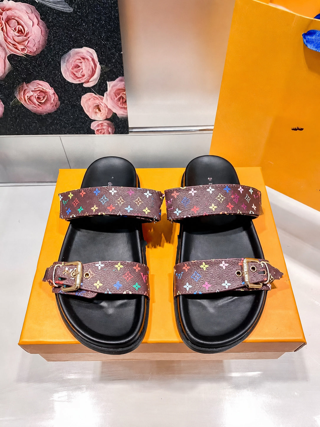 Double Buckle Two Strap Slide Sandals