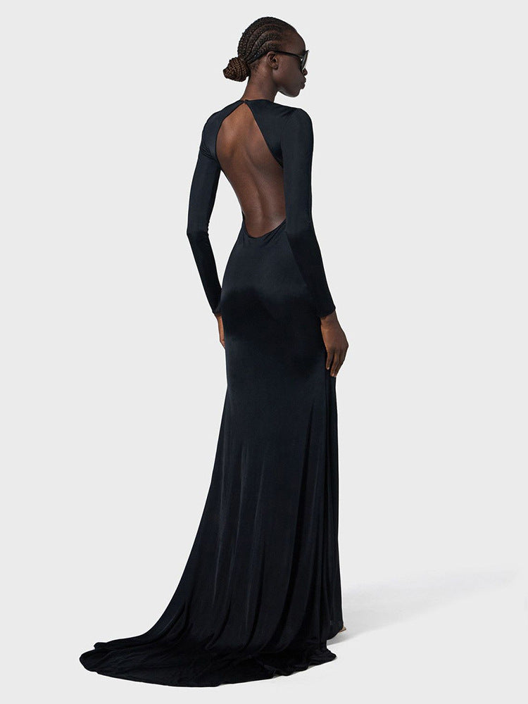 Women's Long Sleeve Backless Cutout Mermaid Evening Gown with Sweep Train
