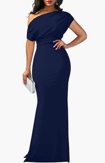 Women's One-Shoulder Draped Fitted Floor-Length Evening Dress