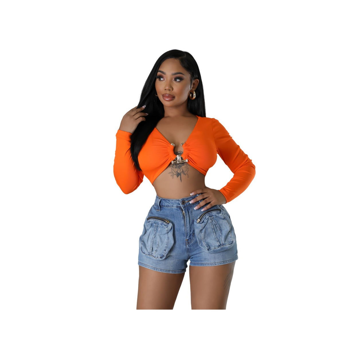 Women's High-Waisted Denim Cargo Shorts with Multiple Utility Pockets