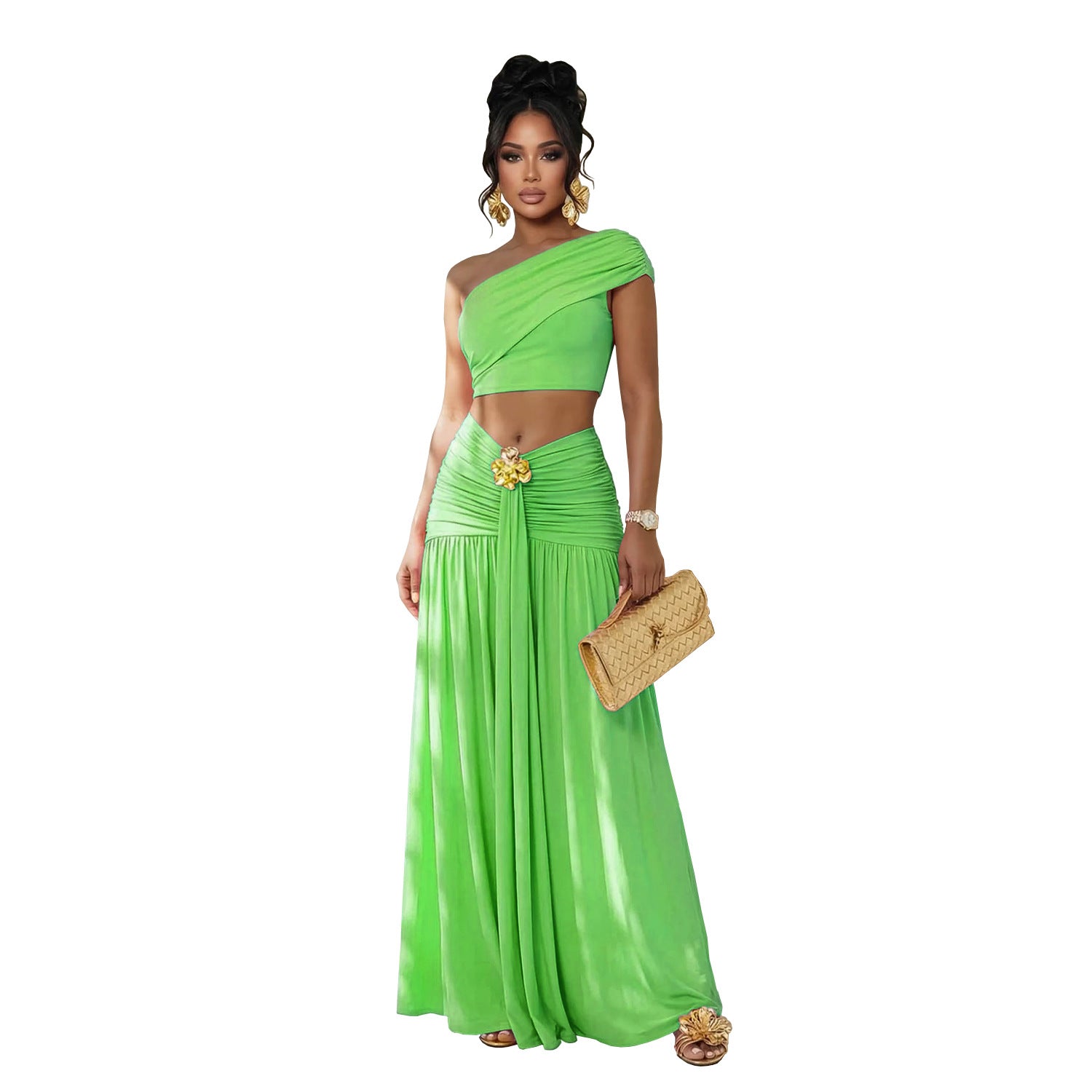 Chic Off Shoulder Crop Top Midi Skirt Set