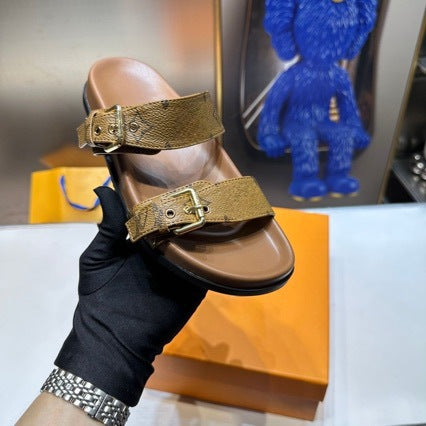 Double Buckle Two Strap Slide Sandals