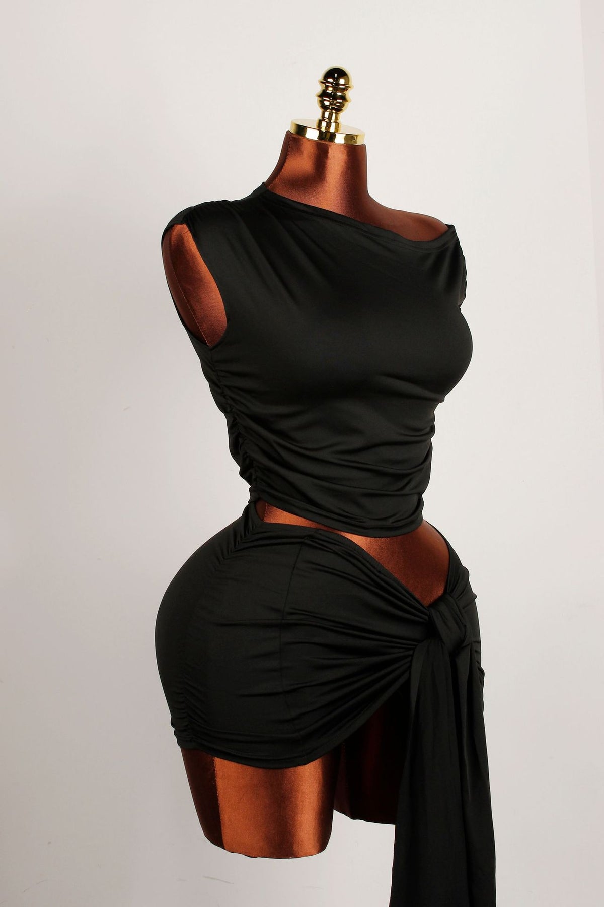 Ruched Short Sleeve Crop Top and Tie-Front Mini Skirt Set