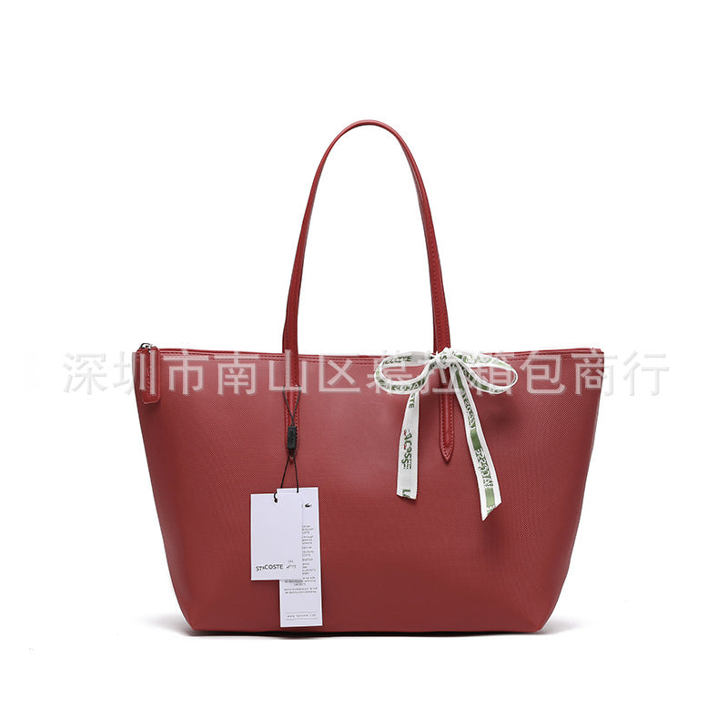 Textured Tote Bag with Bow Detail and Zip Top Closure
