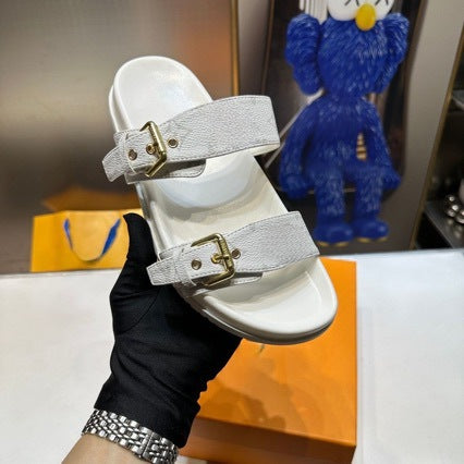Double Buckle Two Strap Slide Sandals