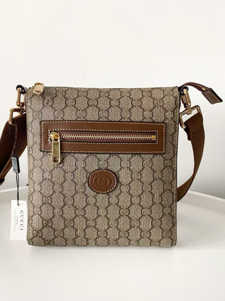 Patterned Rectangular Crossbody Bag with Front Zip Pocket and Adjustable Strap