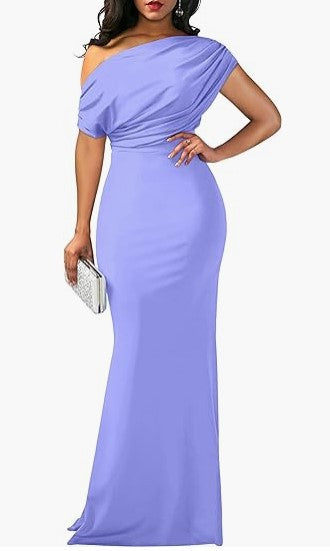 Women's One-Shoulder Draped Fitted Floor-Length Evening Dress
