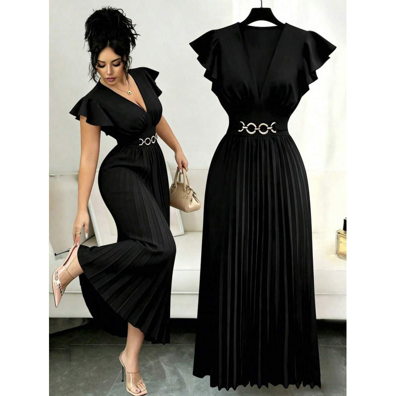 Women's V-Neck Flutter Sleeve Pleated Maxi Dress with Waist Belt