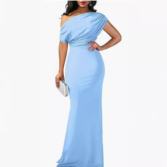 Women's One-Shoulder Draped Fitted Floor-Length Evening Dress