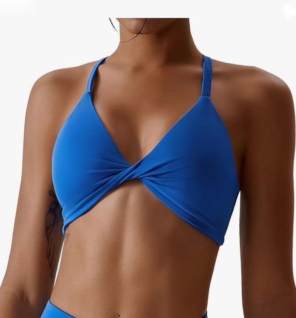 Women's Twist Front Halter Sports Bra with Strappy Open Back