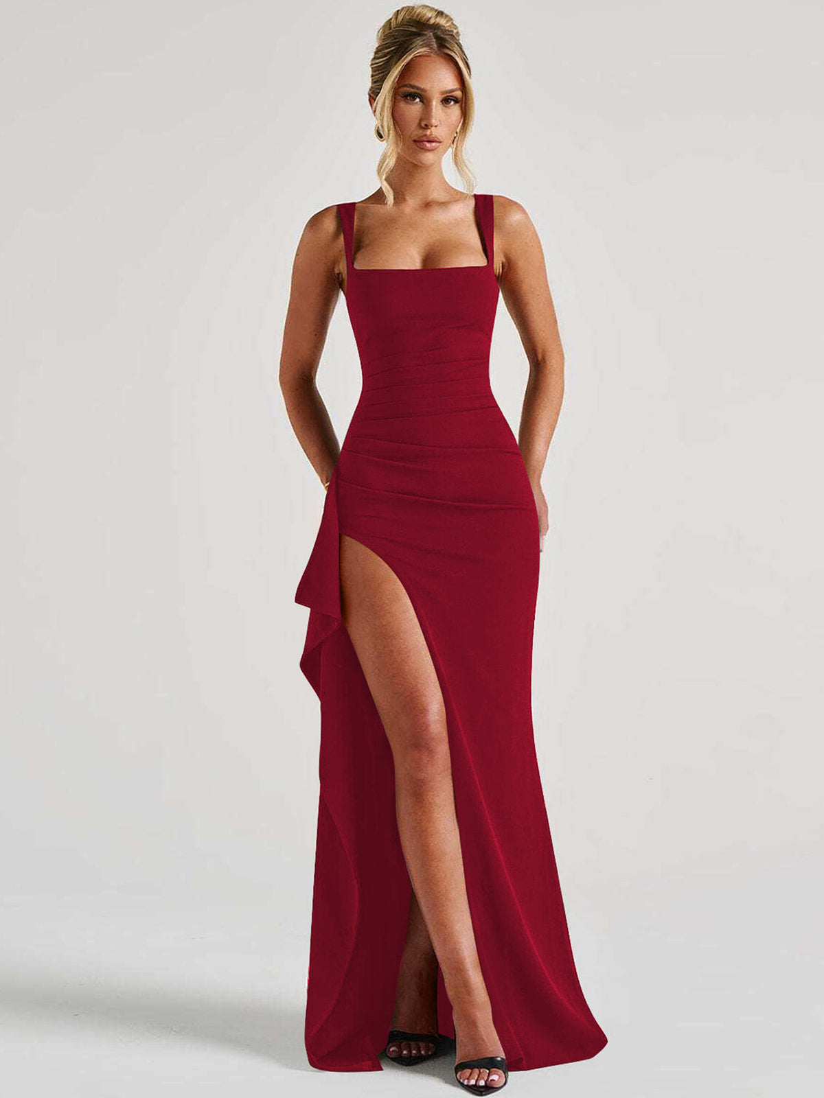 Women's Square Neck Ruched Maxi Dress with High Slit