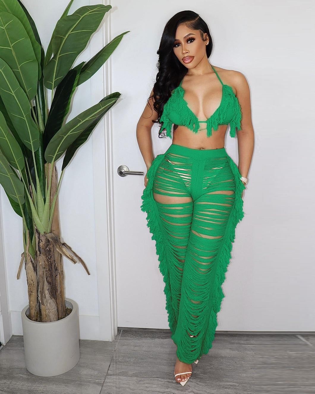 Women's Halter Crop Top and Cutout Wide-Leg Knit Pants Set with Fringe Detail
