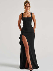 Women's Square Neck Ruched Maxi Dress with High Slit