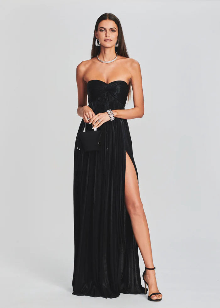 Strapless Pleated Evening Gown with Twist Front and High Side Slit