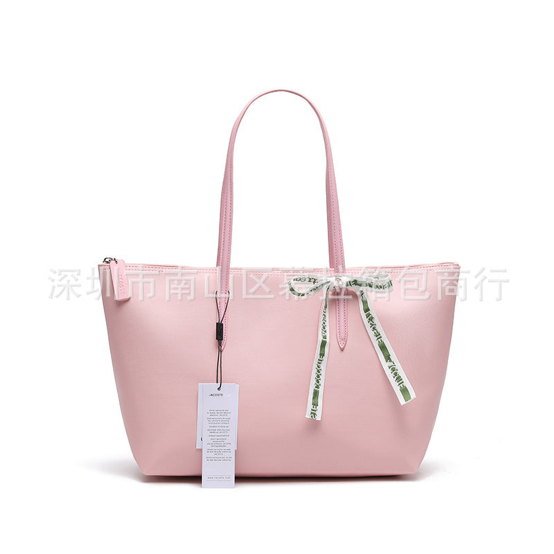 Textured Tote Bag with Bow Detail and Zip Top Closure