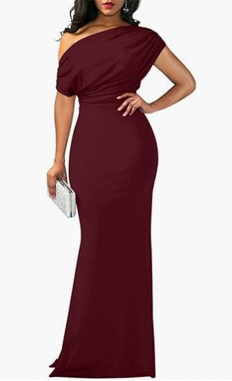 Women's One-Shoulder Draped Fitted Floor-Length Evening Dress