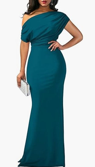 Women's One-Shoulder Draped Fitted Floor-Length Evening Dress