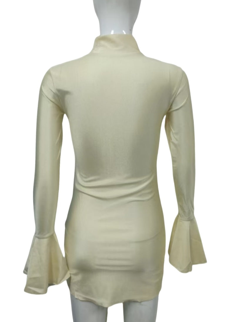 Women's Mock Neck Ruched Mini Dress with Draped Side Sash and Bell Sleeves