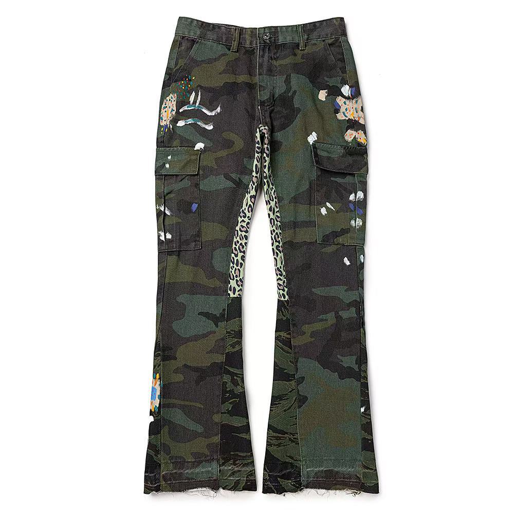 Men Cross-border foreign trade trendy brand Ga retro distressed splashed ink jeans high street straight wide-leg trousers men