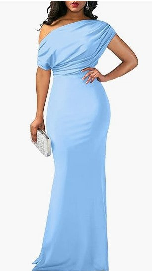 Women's One-Shoulder Draped Fitted Floor-Length Evening Dress