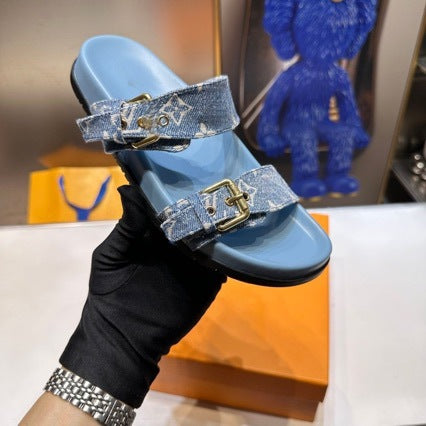 Double Buckle Two Strap Slide Sandals