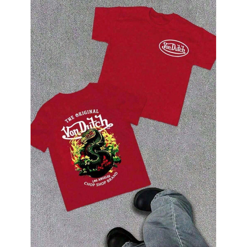 Crew Neck Short Sleeve Graphic T-Shirt with Back Snake Print