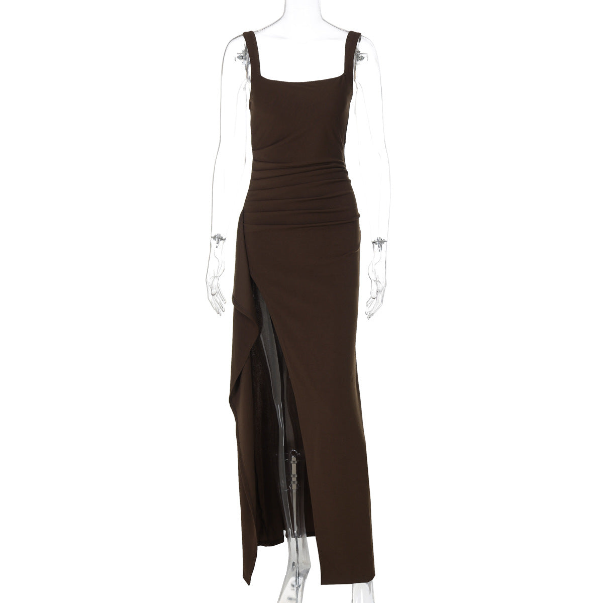 Women's Square Neck Ruched Maxi Dress with High Slit