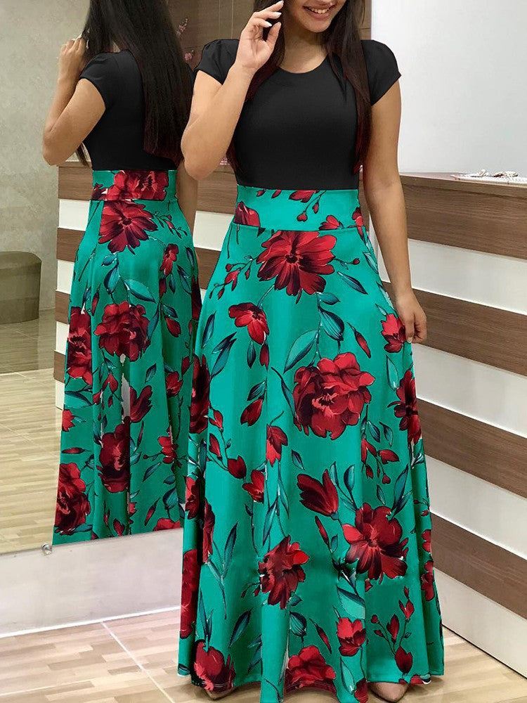 Floral High Waist Maxi Skirt with Flared Swing Silhouette