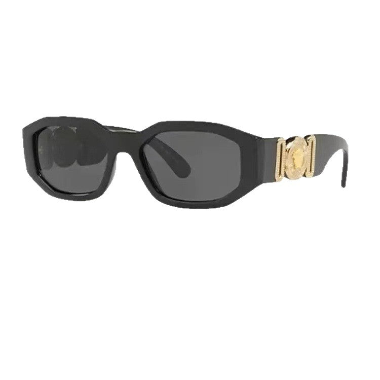Black box frame sunglasses with gold temple emblem and UV protection lenses for comfortable, stylish eye safety.