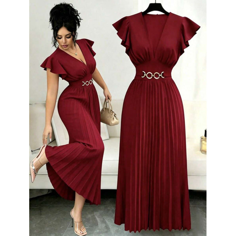 Women's V-Neck Flutter Sleeve Pleated Maxi Dress with Waist Belt