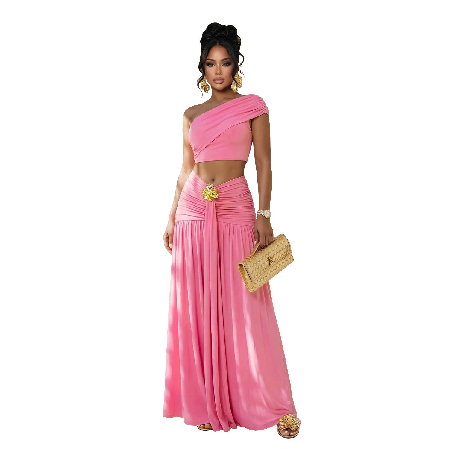 Chic Off Shoulder Crop Top Midi Skirt Set