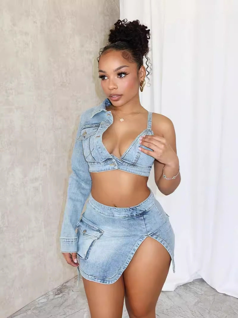Women's Denim Two-Piece Set with Asymmetrical Long Sleeve Crop Top and Slit Mini Skirt