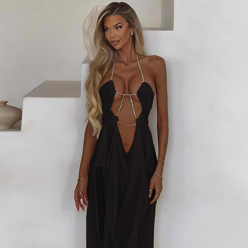 Women's Sheer Draped Halter Maxi Dress with Front and Side Cutouts
