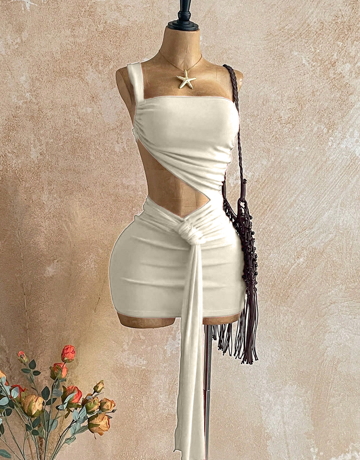 Cutout Ruched Two-Piece Crop Top and Mini Skirt Set with Long Tie Detail