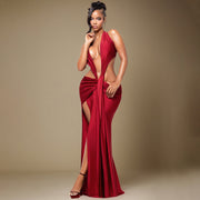 Bold Halter Deep Cut Evening Gown With Twist Detail