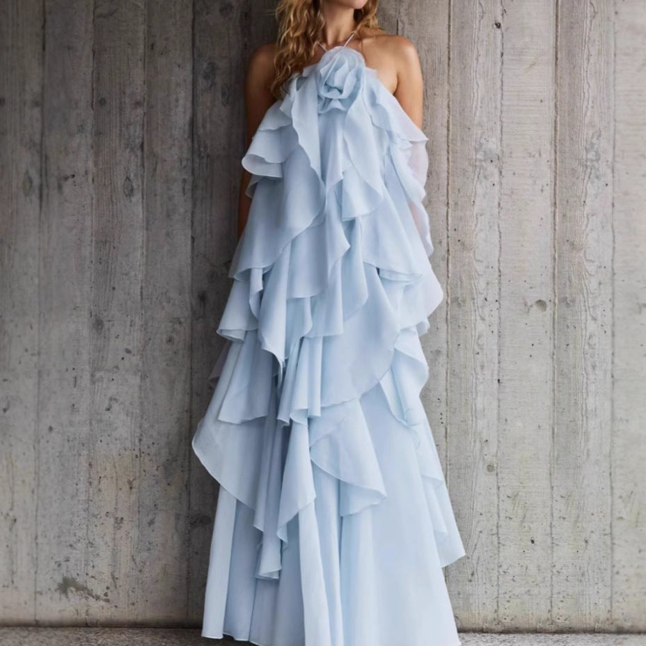 Women's Layered Ruffle Backless Halter Maxi Dress