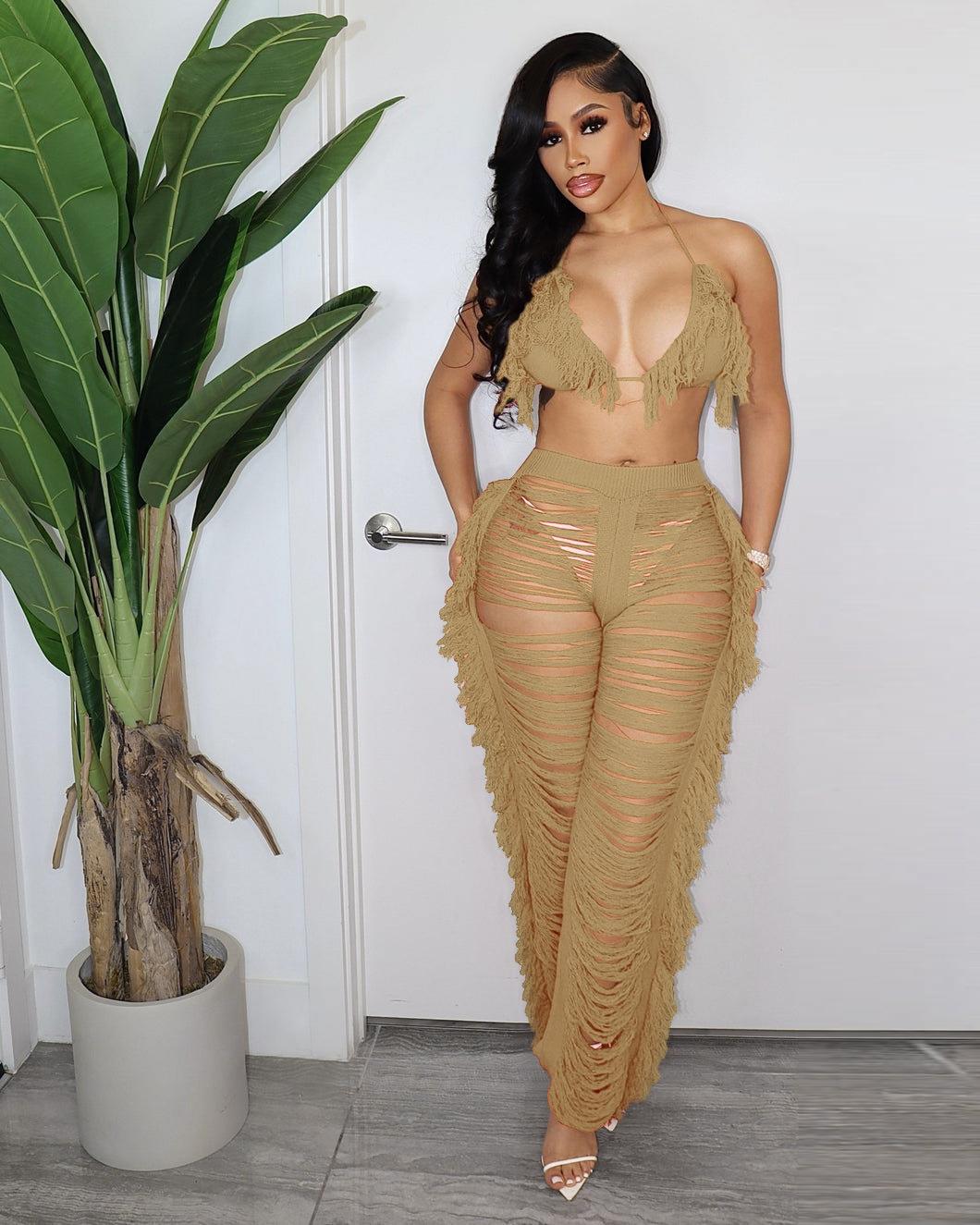 Women's Halter Crop Top and Cutout Wide-Leg Knit Pants Set with Fringe Detail
