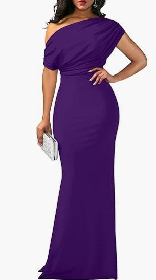 Women's One-Shoulder Draped Fitted Floor-Length Evening Dress