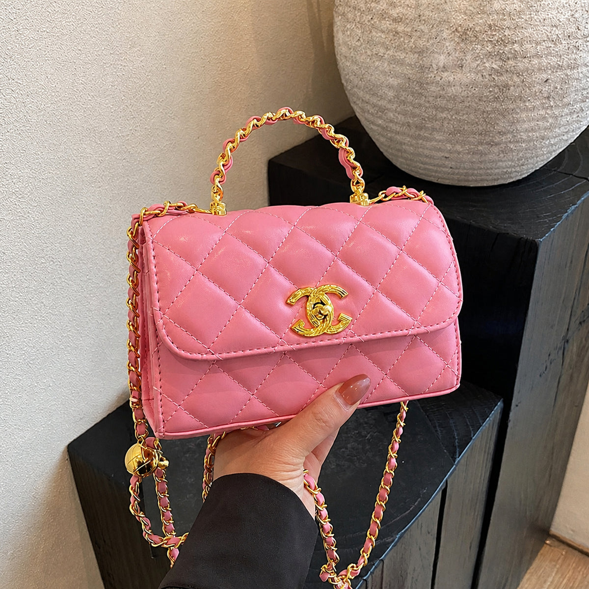 Quilted Flap Crossbody Bag with Chain Strap and Top Handle