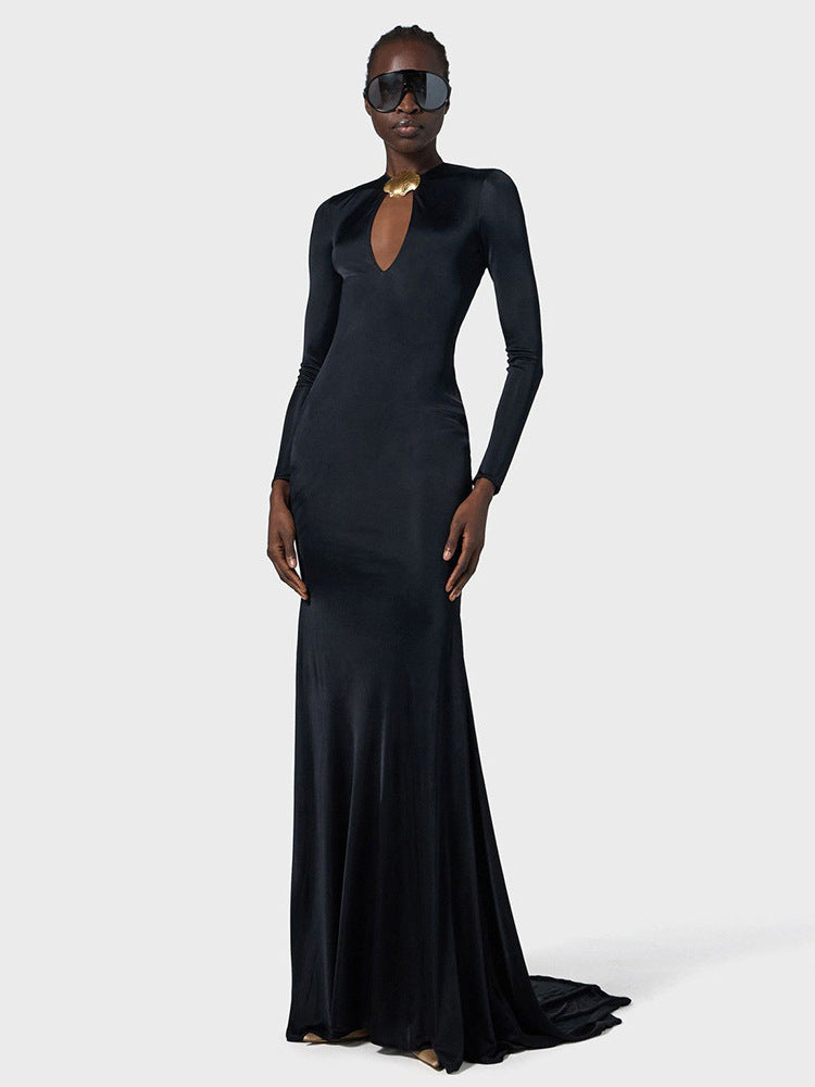 Women's Long Sleeve Backless Cutout Mermaid Evening Gown with Sweep Train