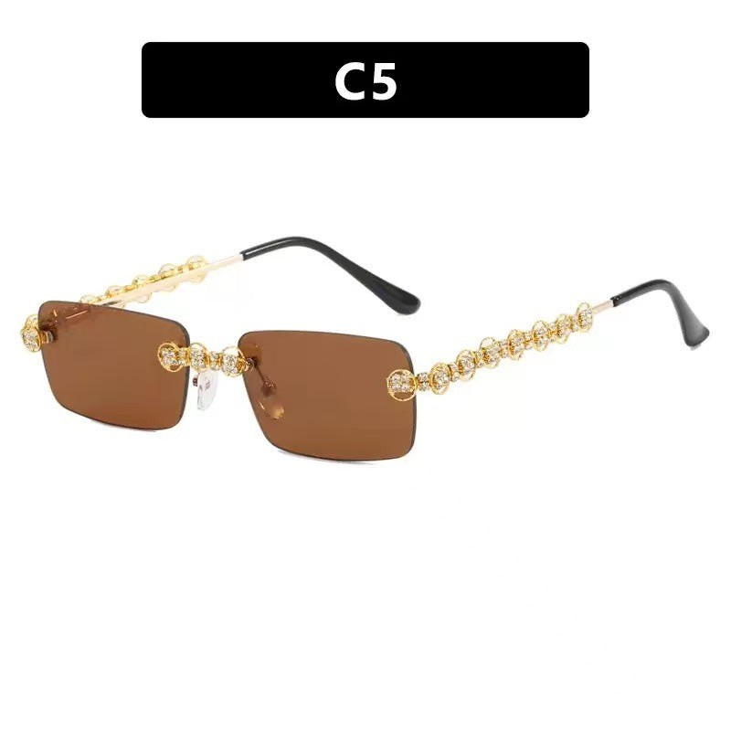 Rimless Square Sunglasses with Decorative Chain Side Detailing and UV400 Protection