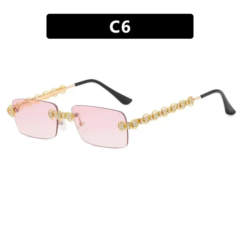 Rimless Square Sunglasses with Decorative Chain Side Detailing and UV400 Protection