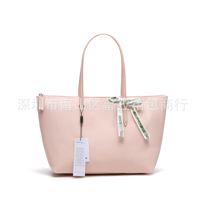 Textured Tote Bag with Bow Detail and Zip Top Closure