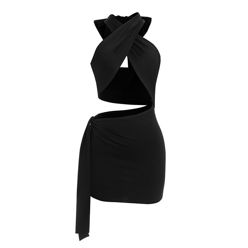 Halter Cutout Crop Top and Ruched Tie-Side Mini Skirt Two-Piece Set