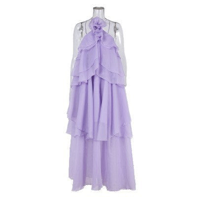 Women's Layered Ruffle Backless Halter Maxi Dress