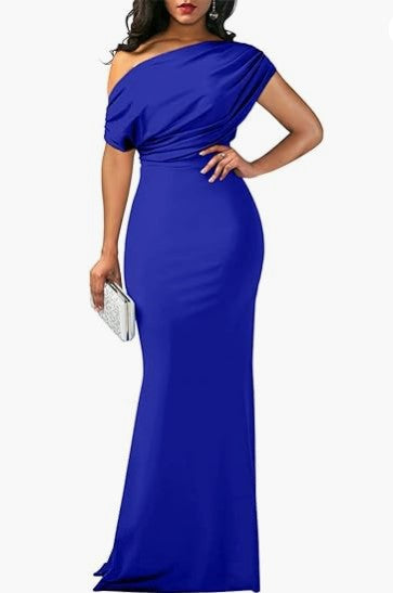Women's One-Shoulder Draped Fitted Floor-Length Evening Dress
