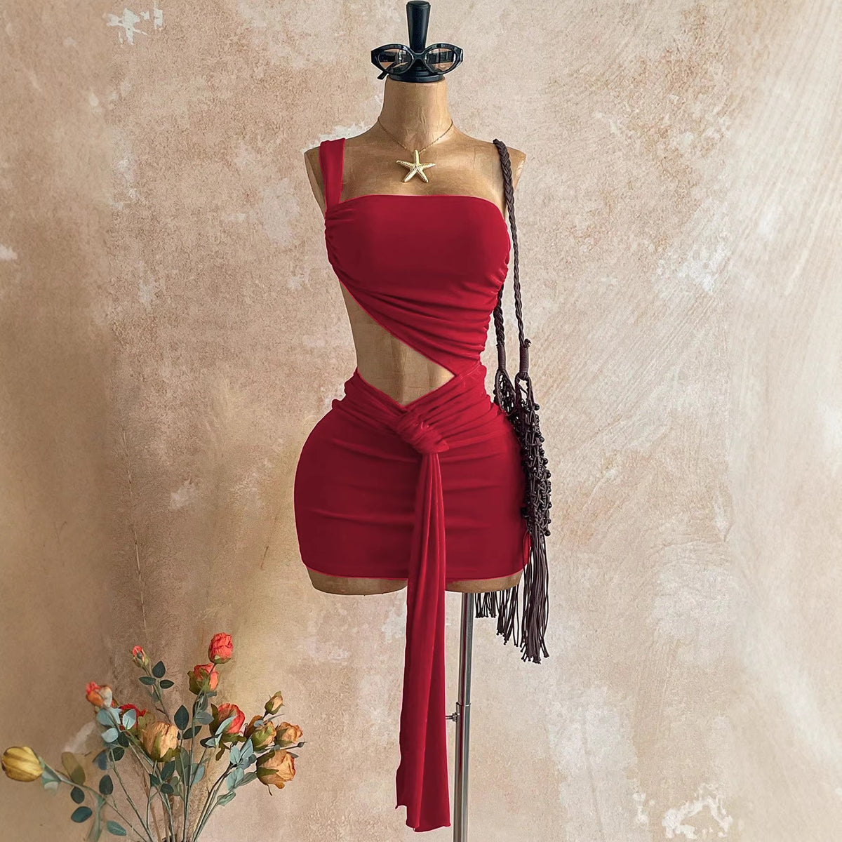 Cutout Ruched Two-Piece Crop Top and Mini Skirt Set with Long Tie Detail