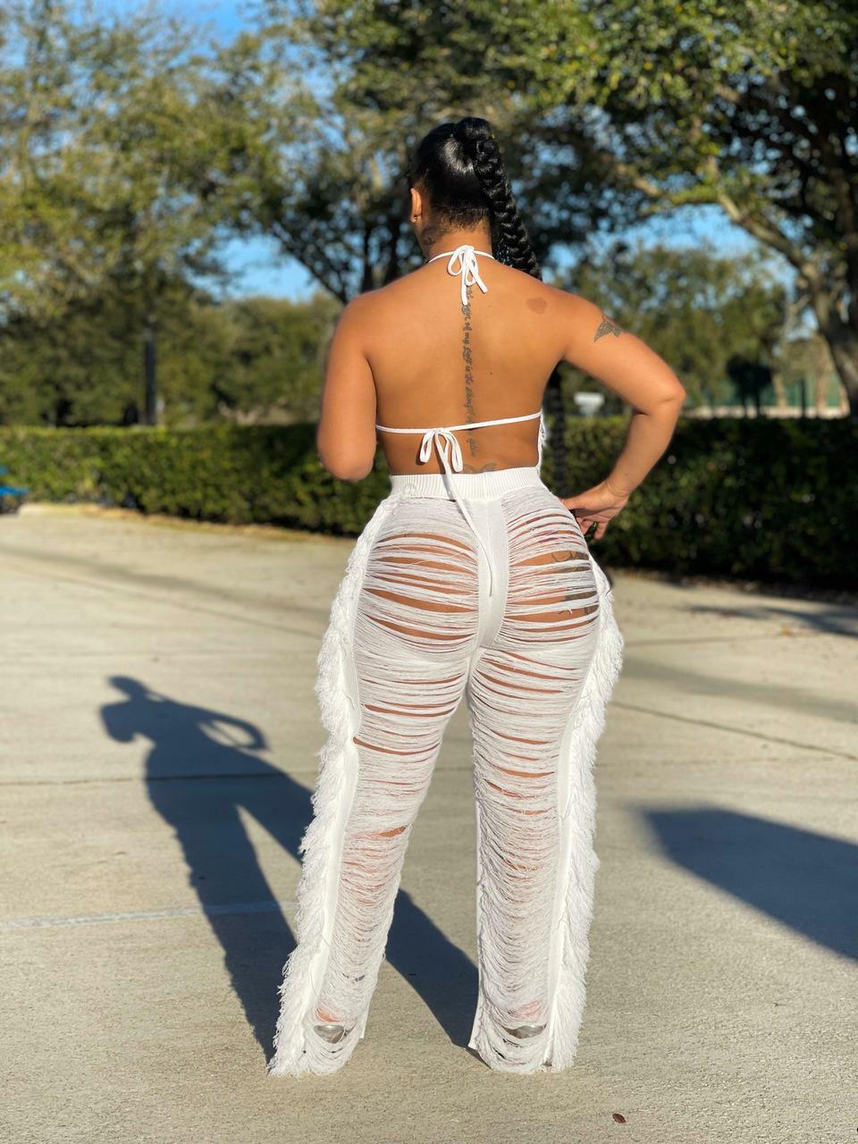 Women's Halter Crop Top and Cutout Wide-Leg Knit Pants Set with Fringe Detail