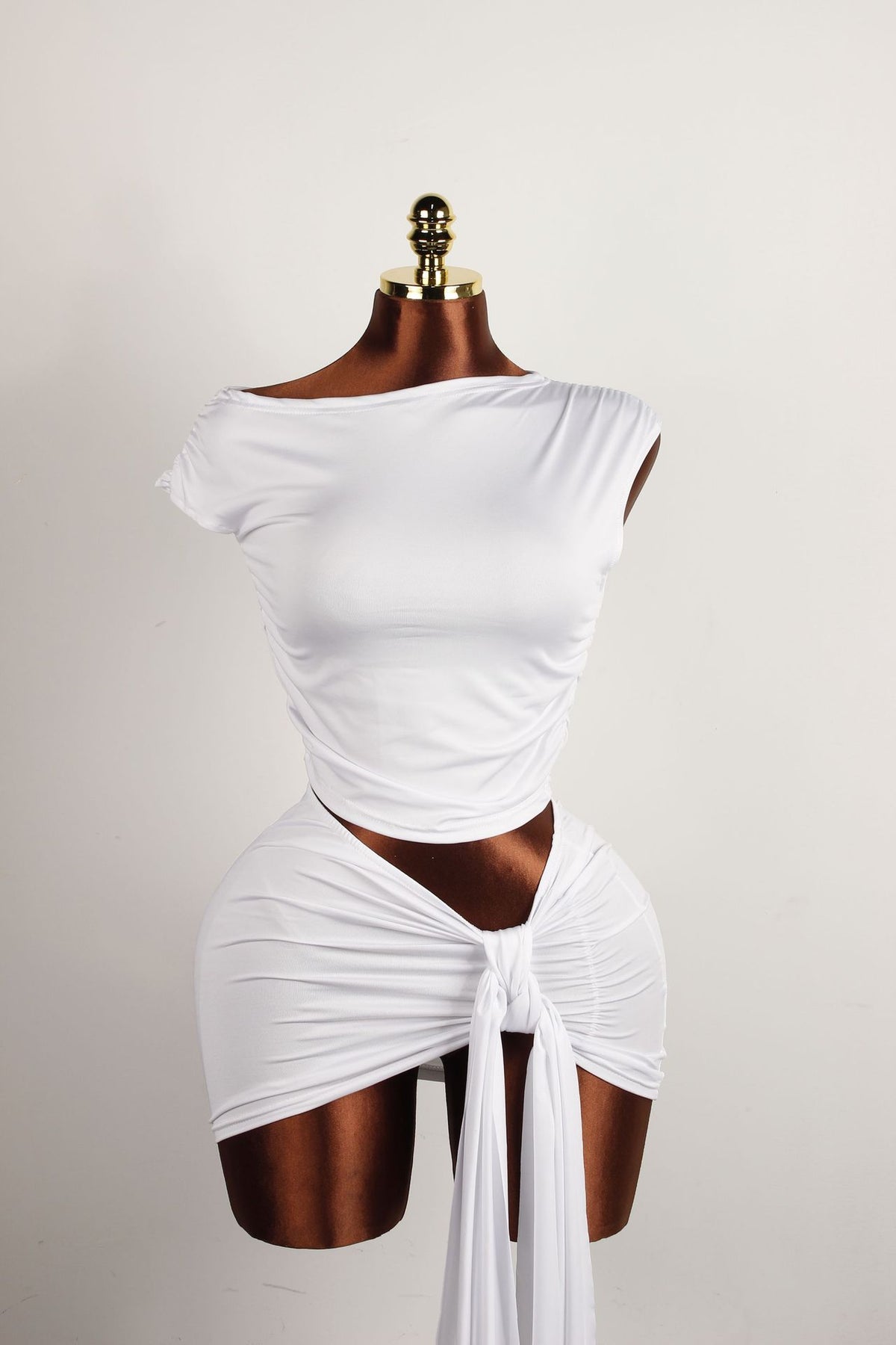 Ruched Short Sleeve Crop Top and Tie-Front Mini Skirt Set